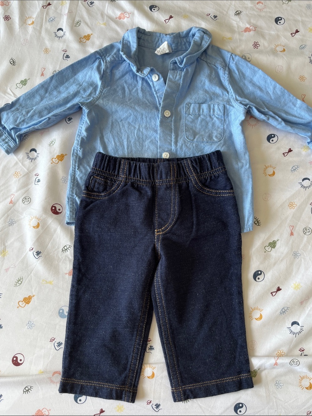 H&M Light Blue Baby Button-Up Shirt with Cotton Pull-On Pants